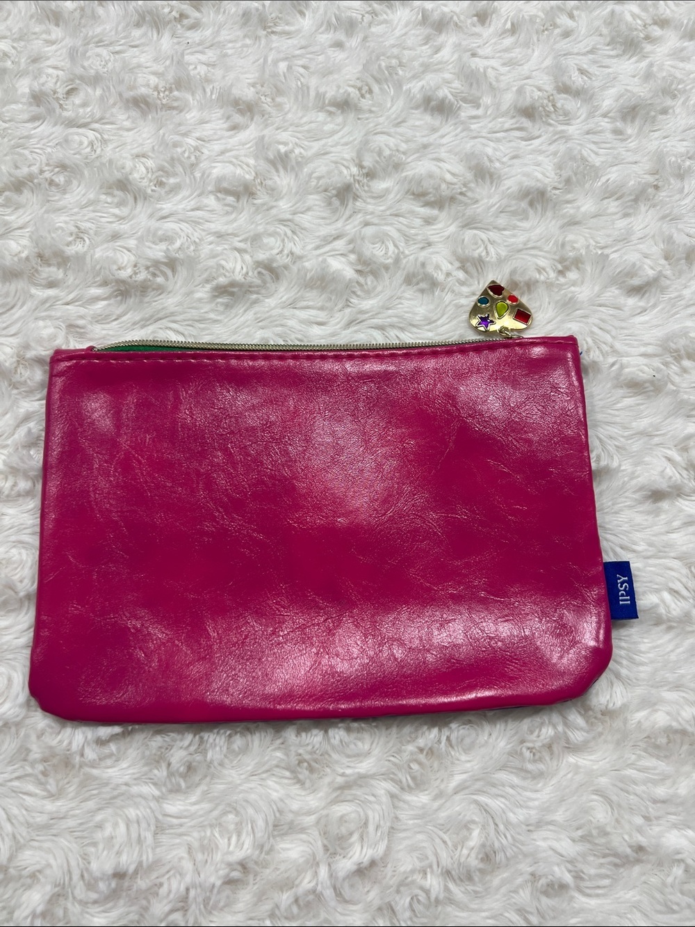 Bright Pink and Blue Cosmetic Pouch with Heart Charm Zipper Makeup Bag